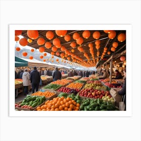 Vibrant Market Scene With Colorful Lanterns And Fresh Produce Art Print