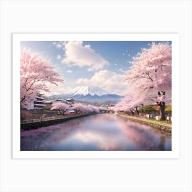 Cherry Blossom Bliss: A Beautiful Wall Art of Mount Fuji in Spring Art Print