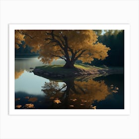 Reflection Of Oak Tree And Its Leaves On The Lakeside Art Print