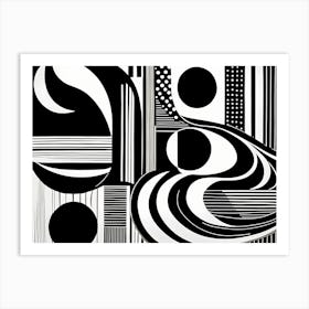 Retro Inspired Linocut Abstract Shapes Black And White Colors art, 204 Art Print