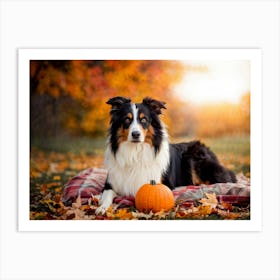 Autumnal Backdrop Transitioning Into Winter An American Border Collie Sits On A Bed Of Fallen Leave (3) Art Print