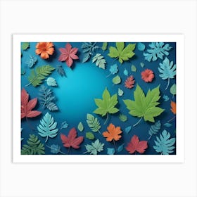 Colorful Leaves Arranged In A Circle On A Blue Background Art Print