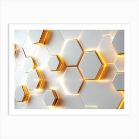 3d white and golden hexagon on the glowing light effects Art Print