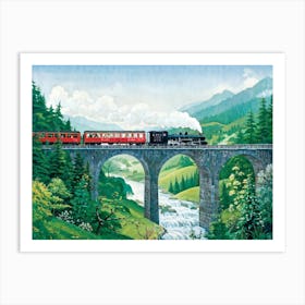 Steam Train In The Heart Of Its Journey Across A Curvaceous Viaduct Is Portrayed In A Cut Out Sty (1) Art Print