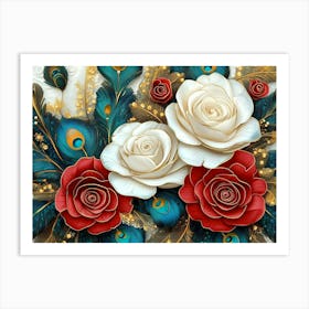 3d Turquois Golden Colorful Roses Flowers with Peacock Feathers Art Print