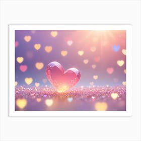 A Pink Heart With A Soft Glow Is Set Against A Background Of Blurred, Heart Shaped Lights Art Print