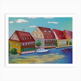 Landscape With Houses On The River Regnitz And Boats In The Town Of Bamberg In Germany Art Print