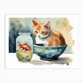 Cat And Goldfish Art Print