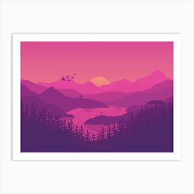 Sunset In The Mountains Landscape Lake Sunset Nature Art Print