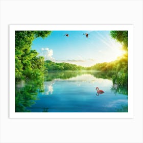 Green Flamingo Mid Glide Over A Glass Like Lake Reflection Rippling Beneath Whimsical Atmosphere Art Print