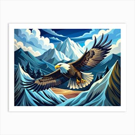 Bald Eagle Soaring Over Snowy Mountains Art Print