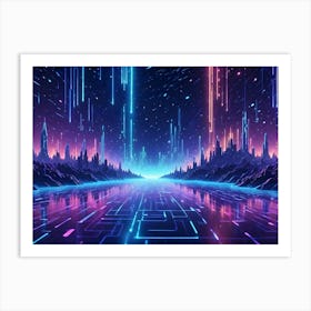 A Colorful Neon City In A Digital Landscape At Night, With Neon Streaks Of Lights And Buildings Art Print