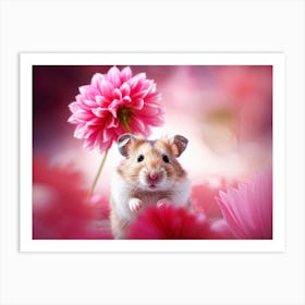 Hamster Clutching A Pink Dahlia Blossom Fur Detail Emphasized Against A Soft Focus Background Dah Art Print