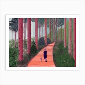 Walk In The Forest A Boy And A Dog Walk Along A Forest Road 1 Art Print