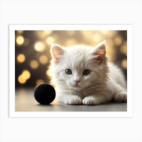 White Kitten With Black Ball 1 Art Print