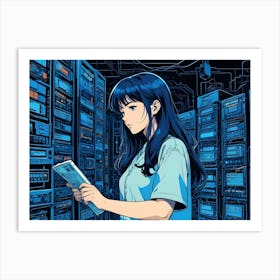 A Young Woman With Long Blue Hair Stands In A Server Room, Holding A Piece Of Paper Art Print