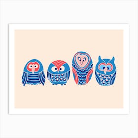 WOO HOO Cute Owls Forest Birds Woodland Nature Wildlife in Blue Red Pink Cream Kids Art Print