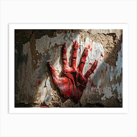 Creepy Textured Bloody Handprint Smudged On An Old Worn Wall Contrasting Against The Peeling Pale (4) Art Print