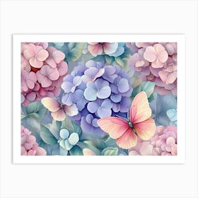 Hydrangeas And Butterflies Art Print