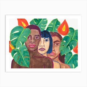 Three Women With Leaves Art Print