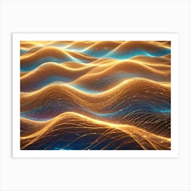 Abstract, Undulating Waves Of Glowing, Golden Lines On A Dark Background With Hints Of Blue Light, Resembling A Digital Or Technological Landscape Art Print