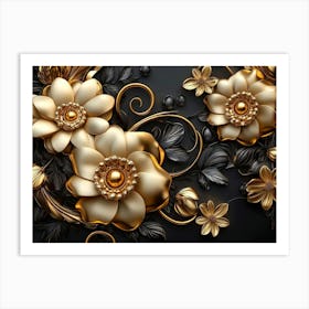 3d Golden Jewelry and Flowers 2 Art Print