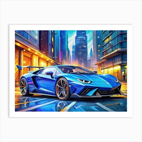 Blue Sports Car On A City Street Art Print