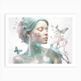 Woman With Butterflies And Flowers Art Print