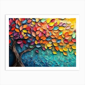 Colorful Tree With Vibrant Leaves And Butterflies Against A Painted Backdrop 1 Art Print