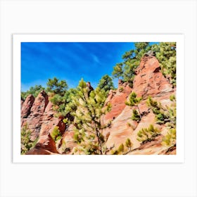 Ochres Land Majestic Cliffside Forest. This image showcases a stunning cliffside landscape adorned with lush green trees. The rocky formations exhibit a range of warm hues, from sandy yellows to deep reds, creating a striking contrast against the vibrant blue sky. The scene captures the beauty of nature's rugged terrain and the resilience of trees growing on steep, rocky surfaces. 4 Art Print