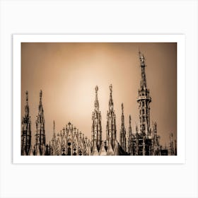 Madonnina and Spires of Duomo Cathedral of Milan. Cattedrale Metropolitana della Natività della Beata Vergine Maria. The image showcases a detailed close-up of a grand Gothic cathedral facade, rendered in a stylized, almost cartoon-like manner. The building is constructed from light-colored stone, featuring intricate carvings, pointed arches, and numerous windows with stained glass. Art Print