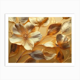 4k Golden Floral Background, Abstract Vintage Flower Design, Gold Nature Art Print