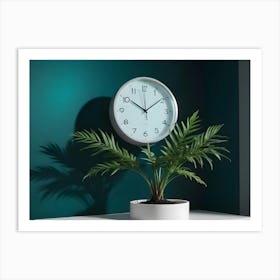 A White Clock With Black Hands Hanging On A Green Wall, With A Potted Plant In Front Of It Art Print