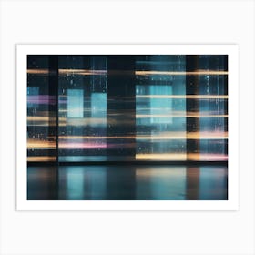 An Empty Room With Large Windows Showcasing A City At Night, Blurred And Shimmering With Lights Art Print