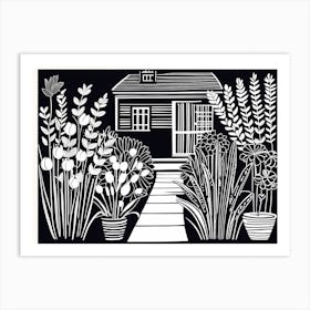 Beautiful Garden Linocut Black And White Painting 2 Art Print