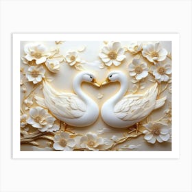 Luxurious 3d Golden And White Ducks With Flowers Art Print