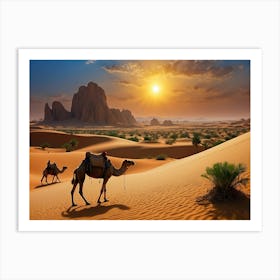Default Fantasy Desert With Oasis Camels Sun Is At Down Mas 0 Art Print