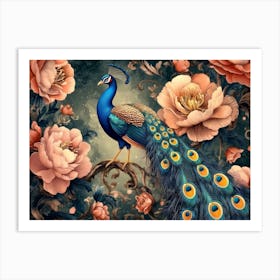 Seamless Floral Leather And Peacock Painting Art Print