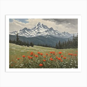 Vintage Oil Painting of indian Paintbrushes in a Meadow, Mountains in the Background 3 Art Print