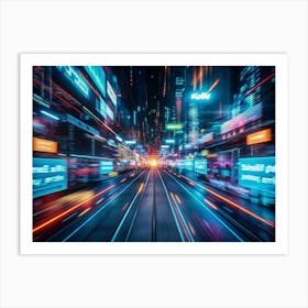 Abstract Motion Blur Effect Of A Cityscape At Night With Neon Signs, Traffic Trails, And Data Streams, Conveying Speed And Digital Overload Art Print