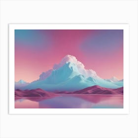 A Digital Painting Of A Mountain Landscape With A Pink Sky And A Blue Lake Art Print