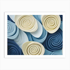 Abstract, Layered Swirls In Shades Of Blue And Yellow Create A Three Dimensional Pattern Resembling Flowers Or Seashells Art Print