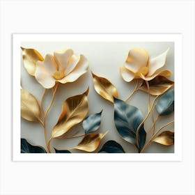 A White Sheet Of Paper Shows Flowers With Pink Petals, Golden Buds and Green Leaves 1 Art Print