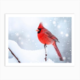 Cardinal Bird Perched On A Frosted Branch Fluff Of Snow Falling Gently Against A Winter Sky Feathe Art Print