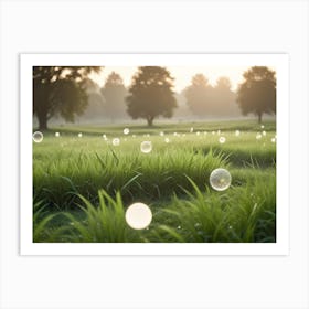 A Soft, Dreamy Shot Of A Field Of Green Grass With Soap Bubbles Floating In The Air Art Print