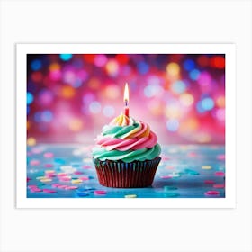 Cupcake With Vibrant Swirls Of Pink Blue And Green Frosting Single Lit Candle Atop Celebrating A (3) Art Print