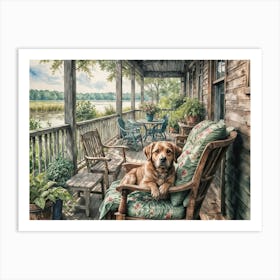 Golden Retriever In A Rocking Chair On A River House Porch Relaxing Art Print