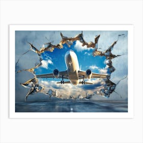 Illustration Of a Plane Taking Off Through a Hole in a Broken the Departure Art Print