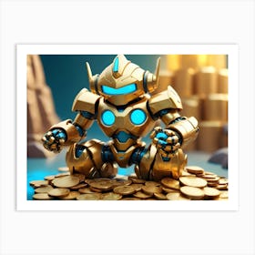 A Golden Robot With Blue Lights Sits On A Pile Of Gold Coins, Creating A Humorous And Whimsical Scene Art Print