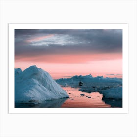 Icebergs Boat Sunset Silence Art Print